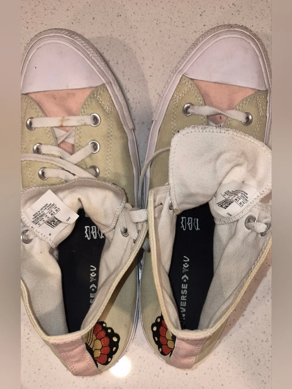 Converse High Top Sneakers in Beige with Orange Butterfly Accent